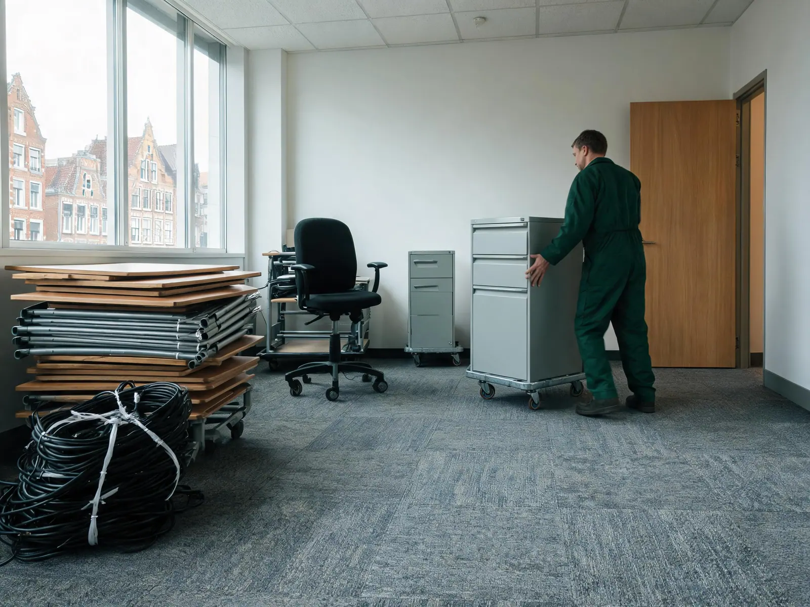 Kantoorruimte wordt leeggemaakt, bureaus en kasten op rolkarren
