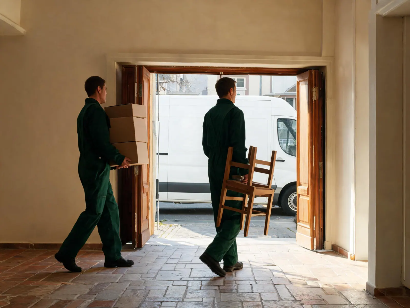 Medewerkers dragen dozen en een stoel door de hal naar buiten