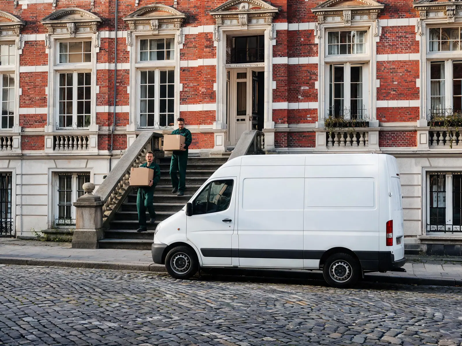 Twee medewerkers dragen dozen uit een Antwerps herenhuis naar de bestelwagen