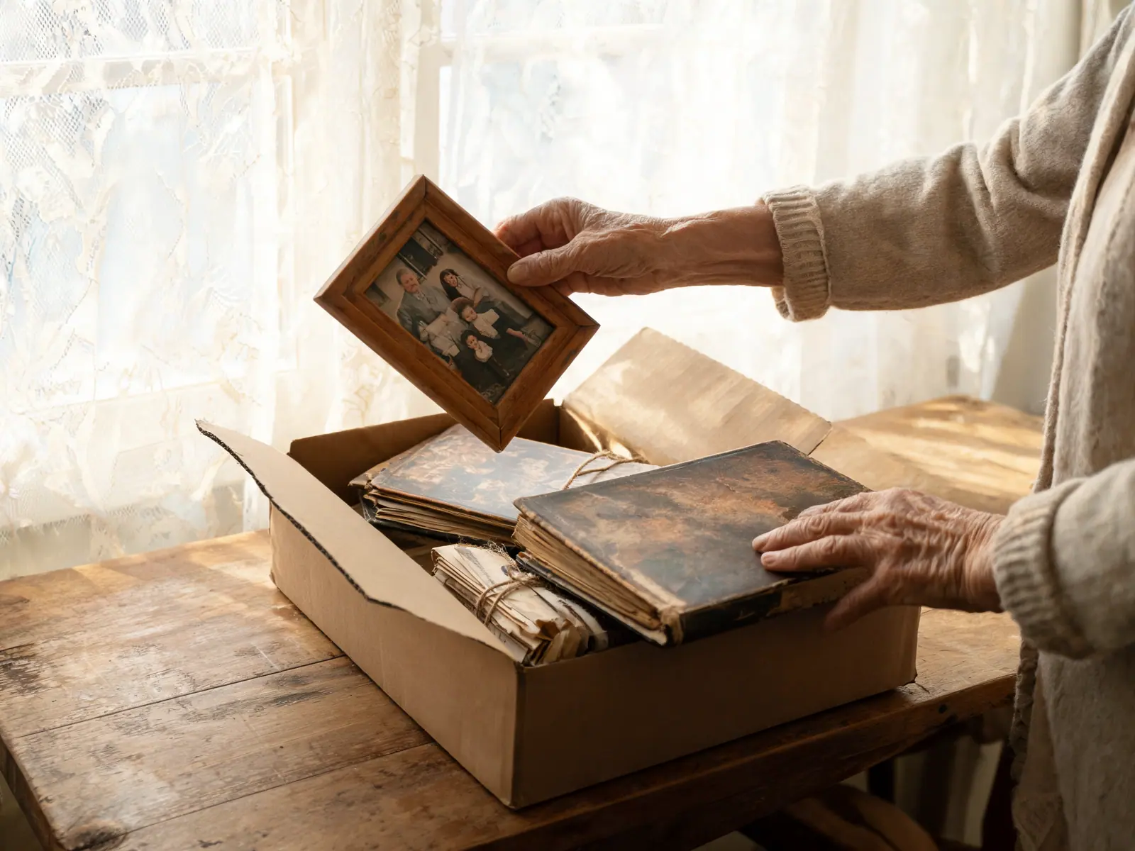 Fotoalbums en brieven worden apart gelegd in een doos voor de familie