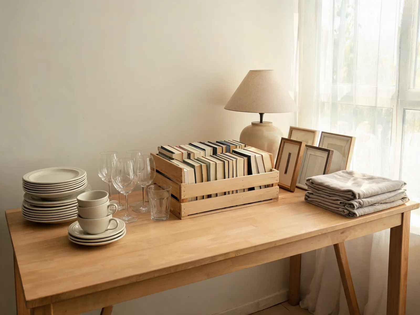 Servies, boeken en een lamp gesorteerd voor tweedehands hergebruik