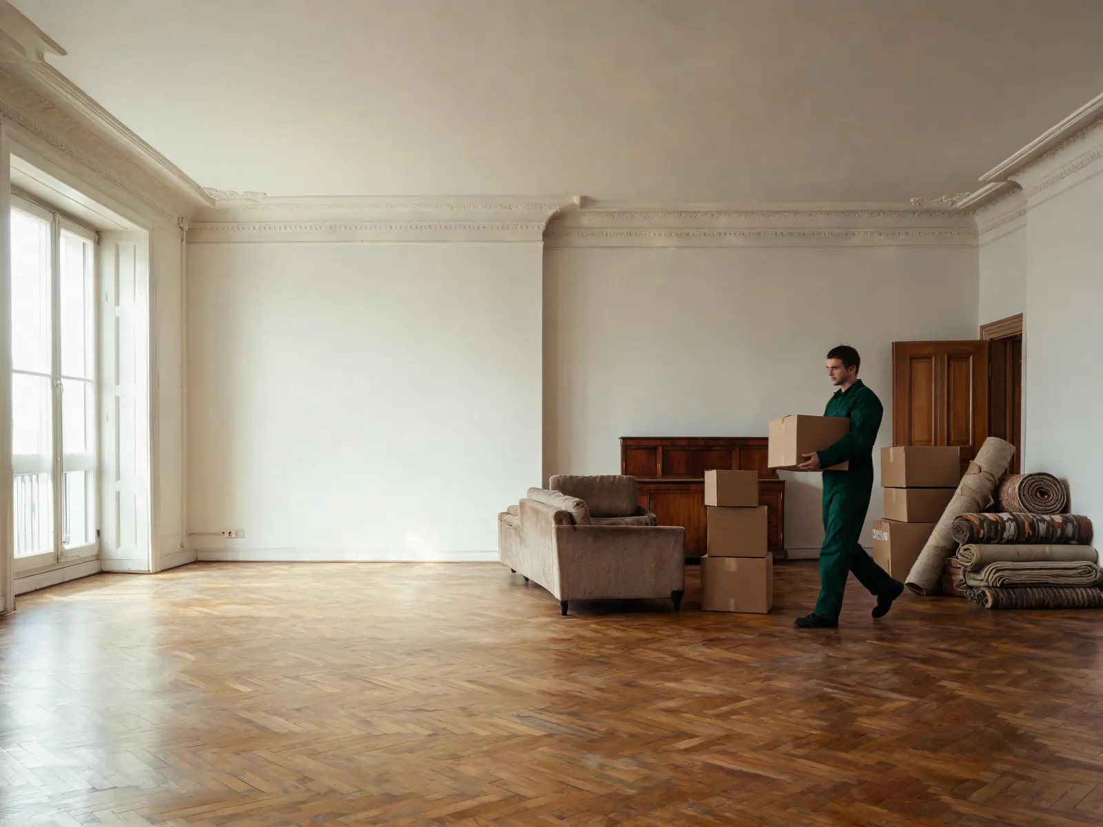 Woonkamer halverwege een woningontruiming: de ene kant al leeg, aan de andere kant dozen en meubels klaar om weg te dragen